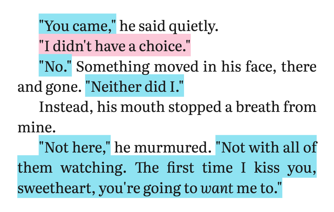 An e-reader screenshot card with dialogue highlighted in blue and pink