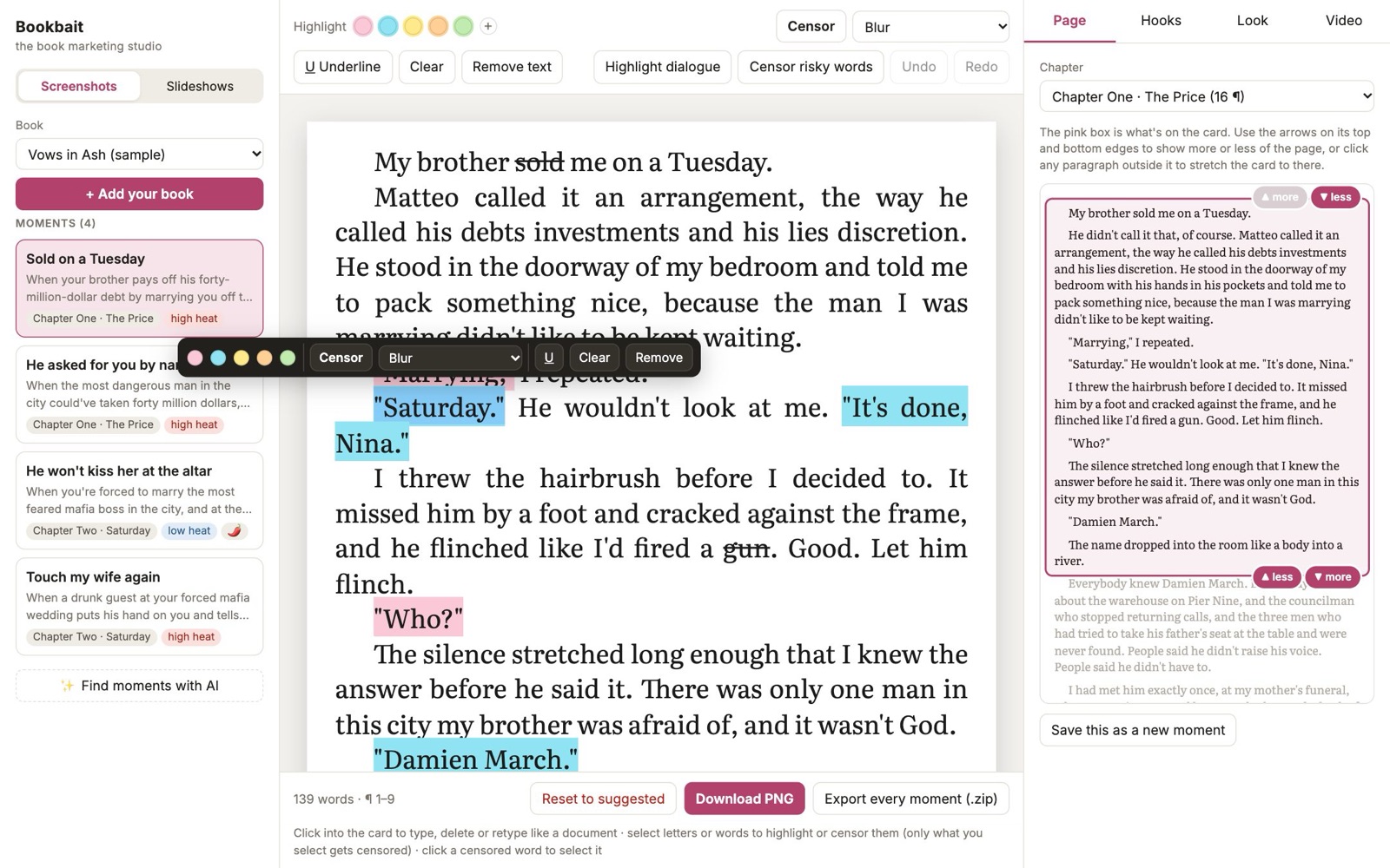 Text selected on the card with the highlight and censor toolbar showing
