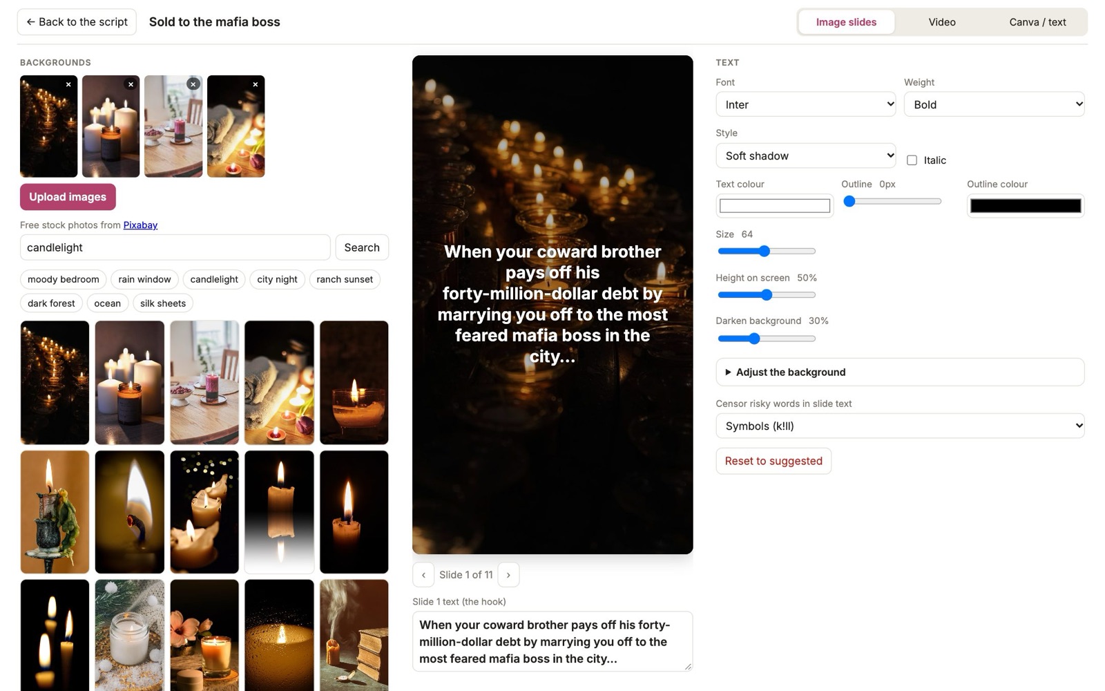 The slideshow designer: stock backgrounds, a large slide preview and text settings