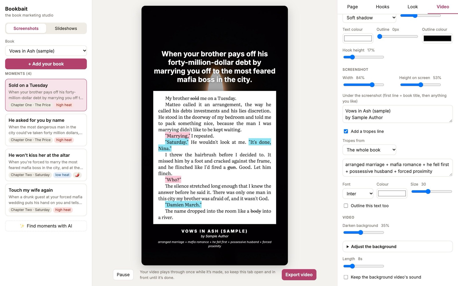 The video maker with a tropes line under the book title, filled in automatically from the book